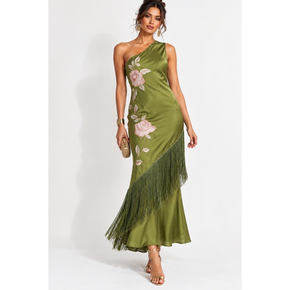 Warehouse One Shoulder Embroidered Fringed Midi Dress Olive Green US 10 NEW